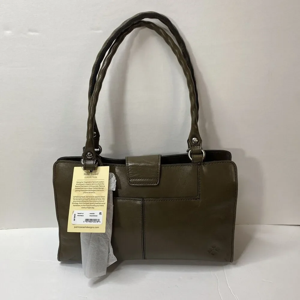 Patricia Nash Rienzo Satchel Soft Olive Green Rose Tooled Leather Tassel Bag NWT